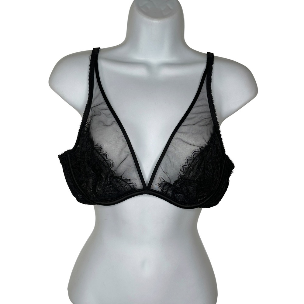 Soma Breathtaking Unlined Plunge Bra 36D Black Lace Sheer Mesh Underwire